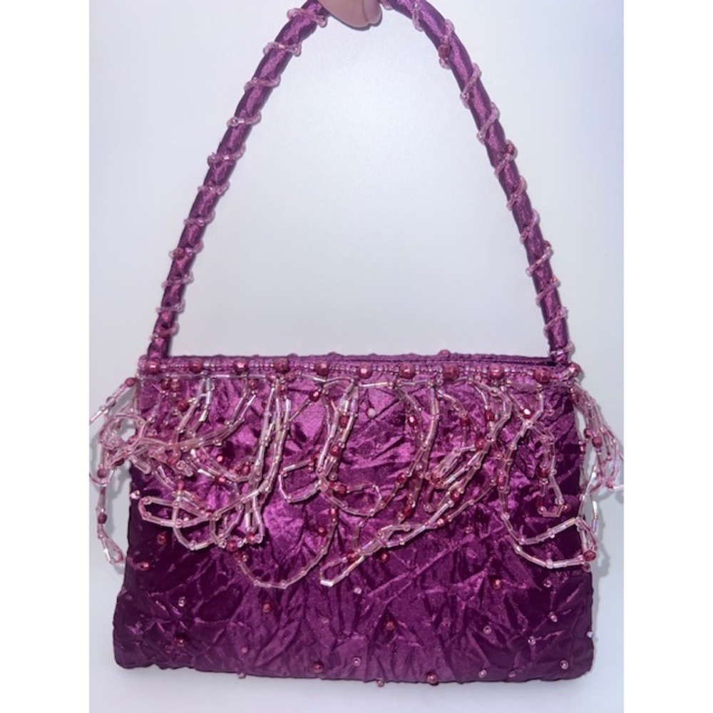 VTG Y2K FarNine Fuchsia Crinkle Satin Beaded Fringe Bag 2000s Whimsygoth Party